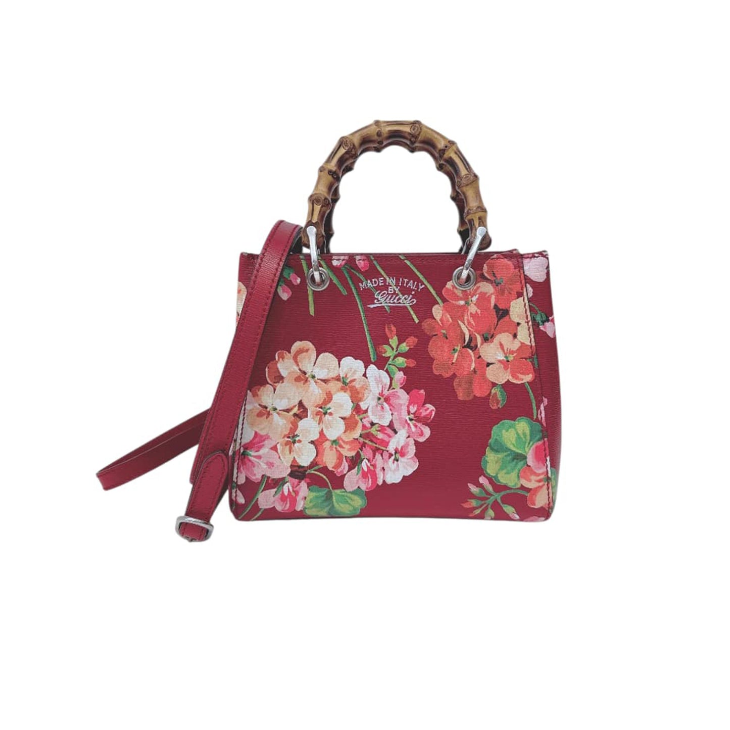 RED MULTICOLOR BLOOMS PRINT LEATHER MINI BAMBOO TOTE