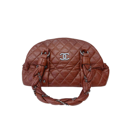 BROWN DISTRESSED LAMBSKIN VINTAGE LIGNE LADY BRAIDE TOTE BAG