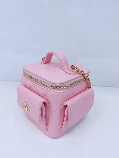 PINK QUILTED CAVIAR LEATHER MINI POLLY POCKET VANITY GOLD HARDWARE