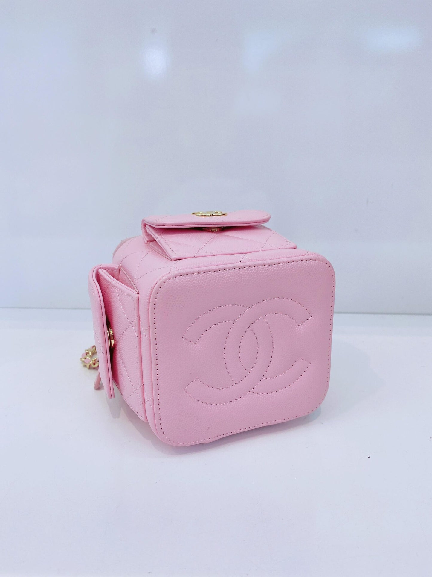 PINK QUILTED CAVIAR LEATHER MINI POLLY POCKET VANITY GOLD HARDWARE