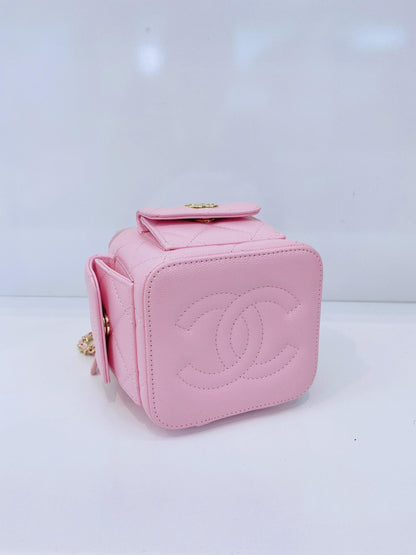 PINK QUILTED CAVIAR LEATHER MINI POLLY POCKET VANITY GOLD HARDWARE