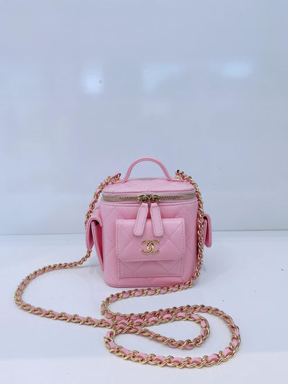 PINK QUILTED CAVIAR LEATHER MINI POLLY POCKET VANITY GOLD HARDWARE