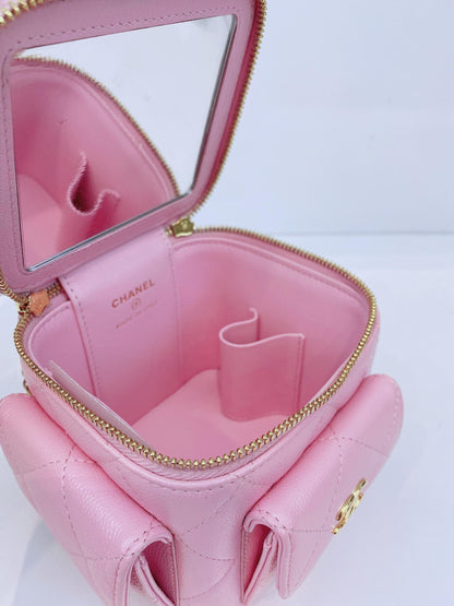 PINK QUILTED CAVIAR LEATHER MINI POLLY POCKET VANITY GOLD HARDWARE