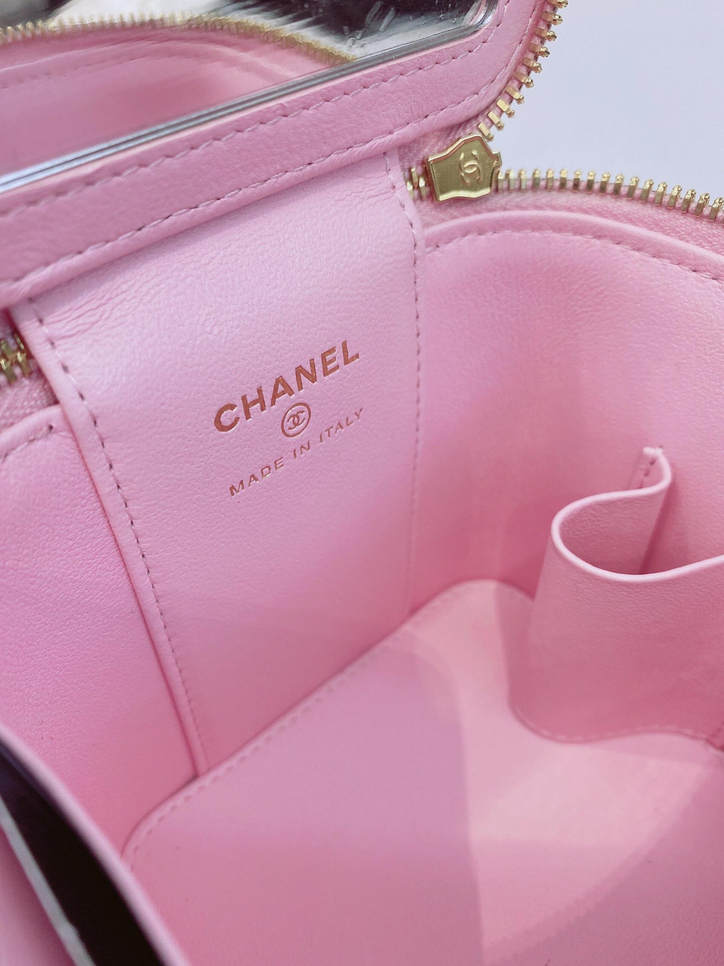 PINK QUILTED CAVIAR LEATHER MINI POLLY POCKET VANITY GOLD HARDWARE