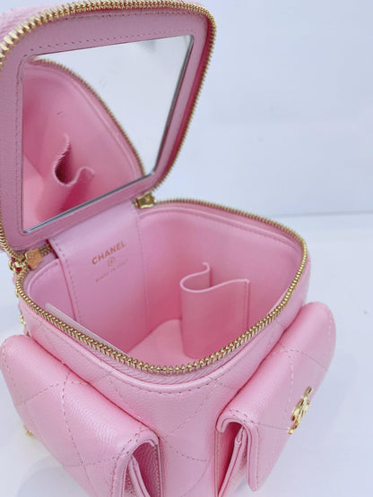 PINK QUILTED CAVIAR LEATHER MINI POLLY POCKET VANITY GOLD HARDWARE