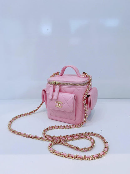 PINK QUILTED CAVIAR LEATHER MINI POLLY POCKET VANITY GOLD HARDWARE