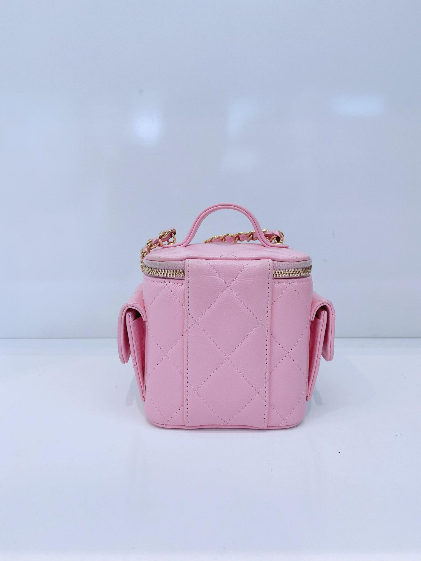 PINK QUILTED CAVIAR LEATHER MINI POLLY POCKET VANITY GOLD HARDWARE