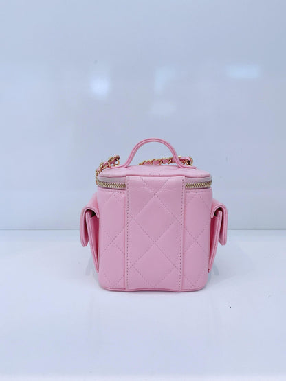 PINK QUILTED CAVIAR LEATHER MINI POLLY POCKET VANITY GOLD HARDWARE