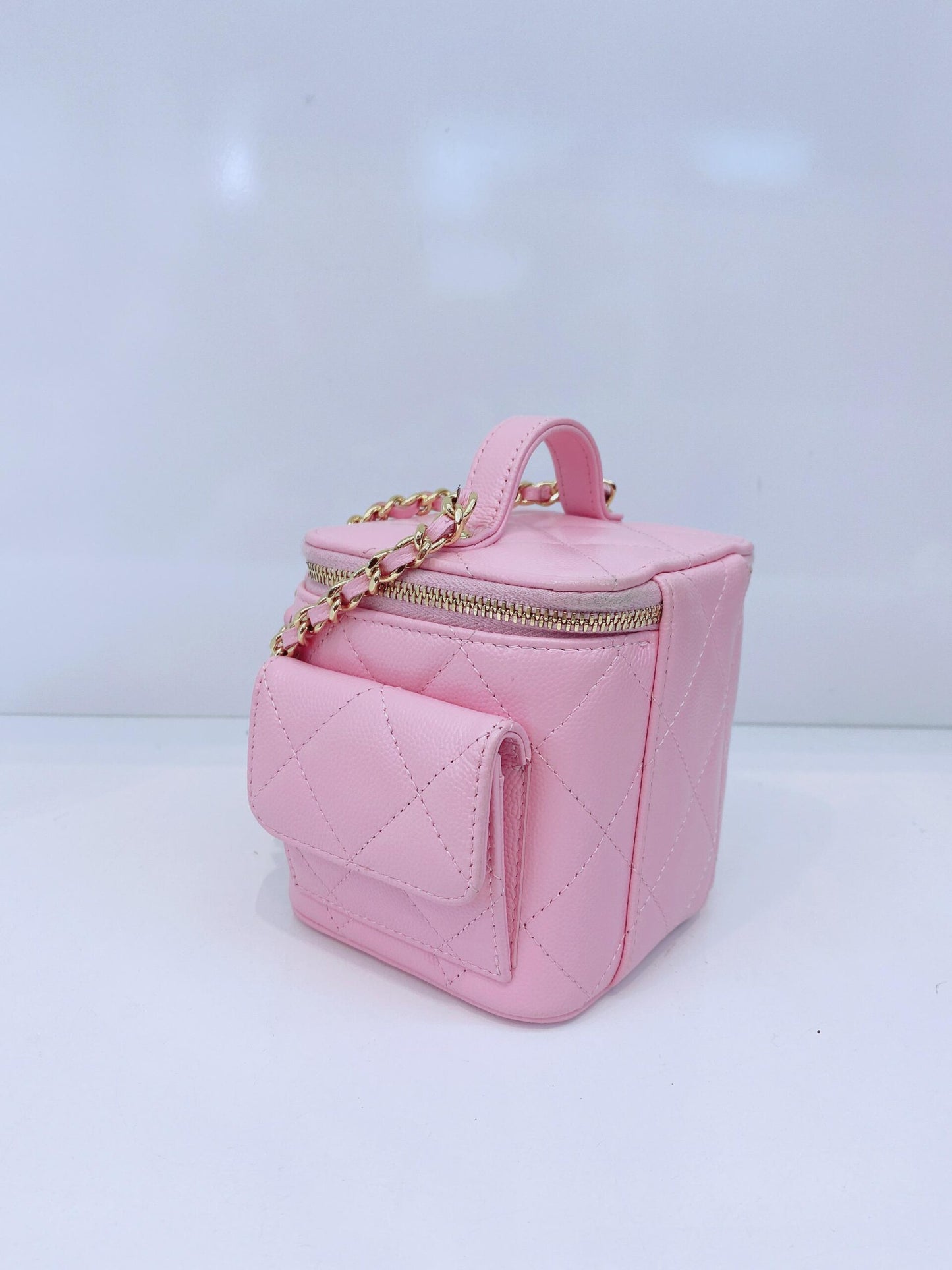 PINK QUILTED CAVIAR LEATHER MINI POLLY POCKET VANITY GOLD HARDWARE