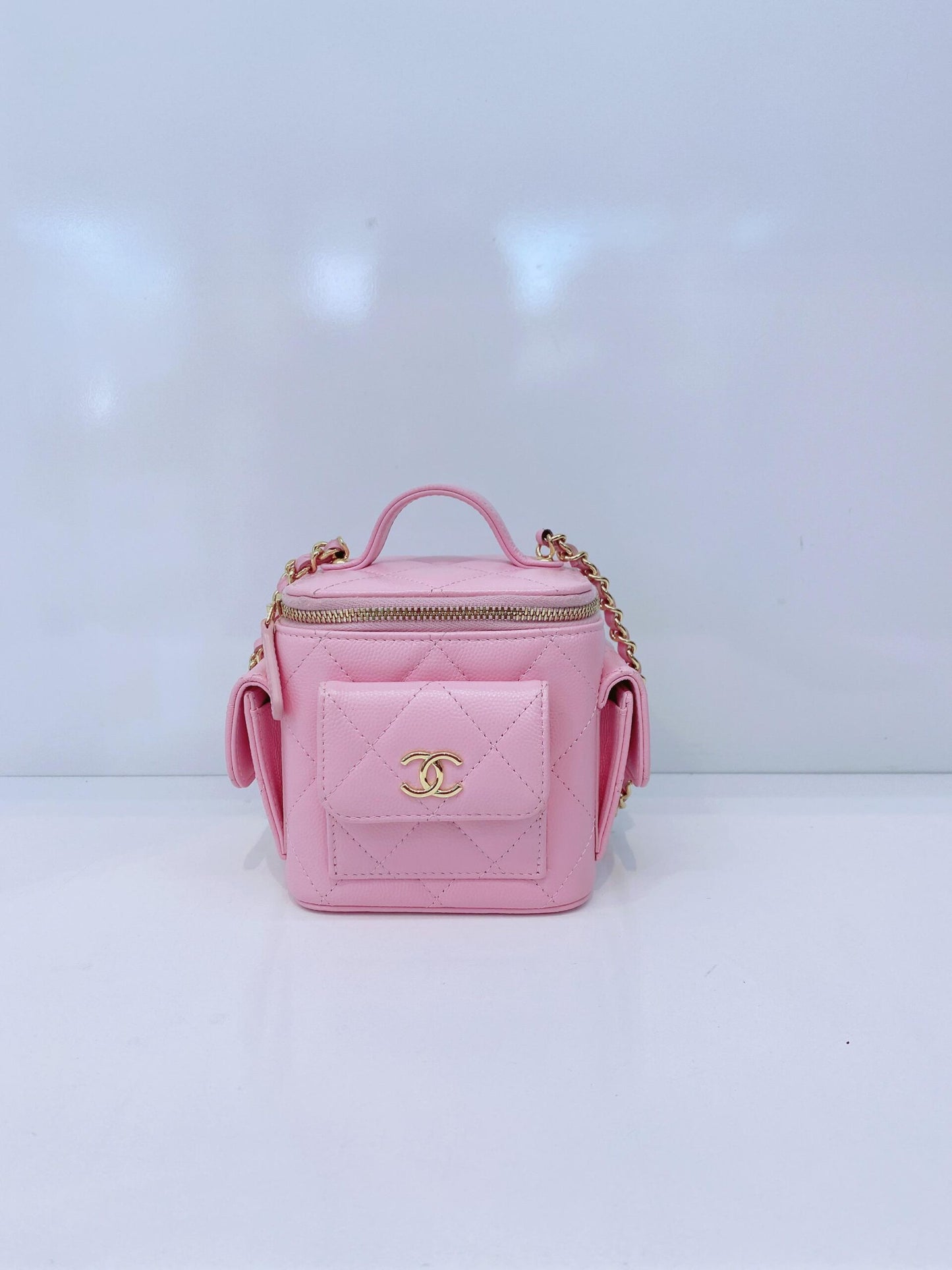 PINK QUILTED CAVIAR LEATHER MINI POLLY POCKET VANITY GOLD HARDWARE