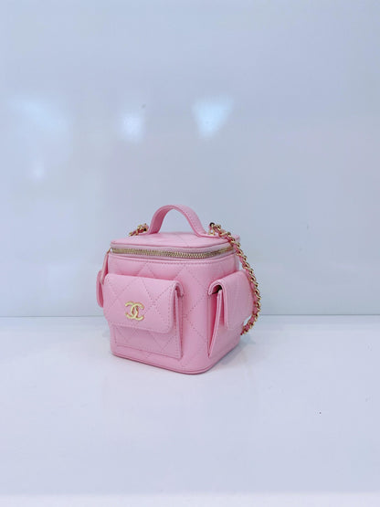 PINK QUILTED CAVIAR LEATHER MINI POLLY POCKET VANITY GOLD HARDWARE