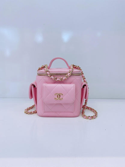 PINK QUILTED CAVIAR LEATHER MINI POLLY POCKET VANITY GOLD HARDWARE