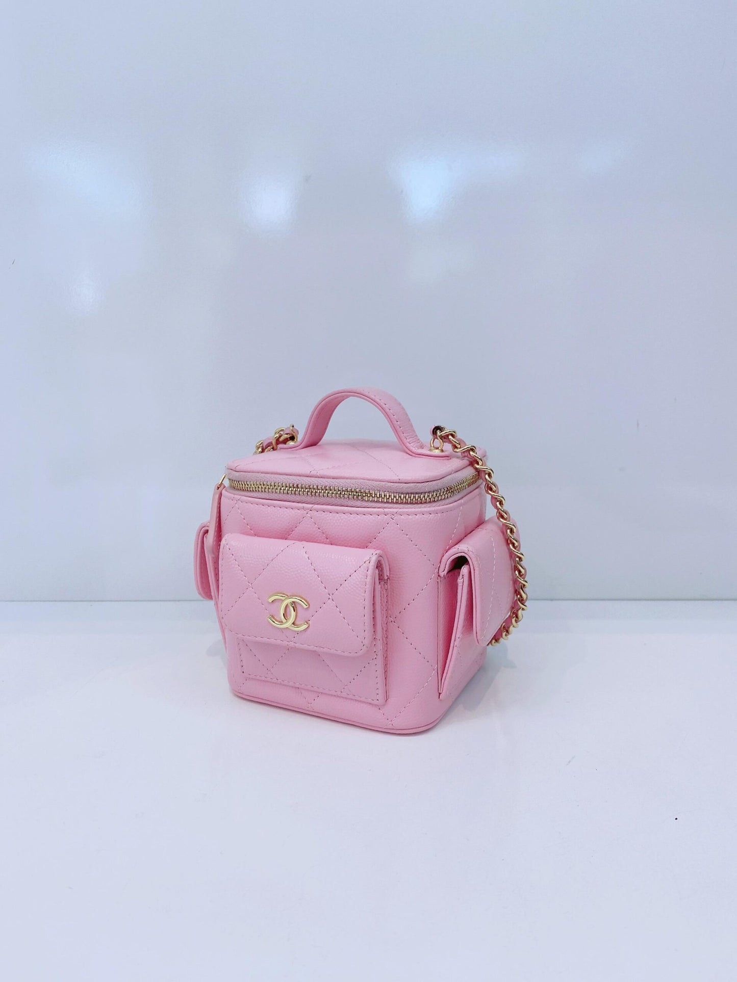 PINK QUILTED CAVIAR LEATHER MINI POLLY POCKET VANITY GOLD HARDWARE