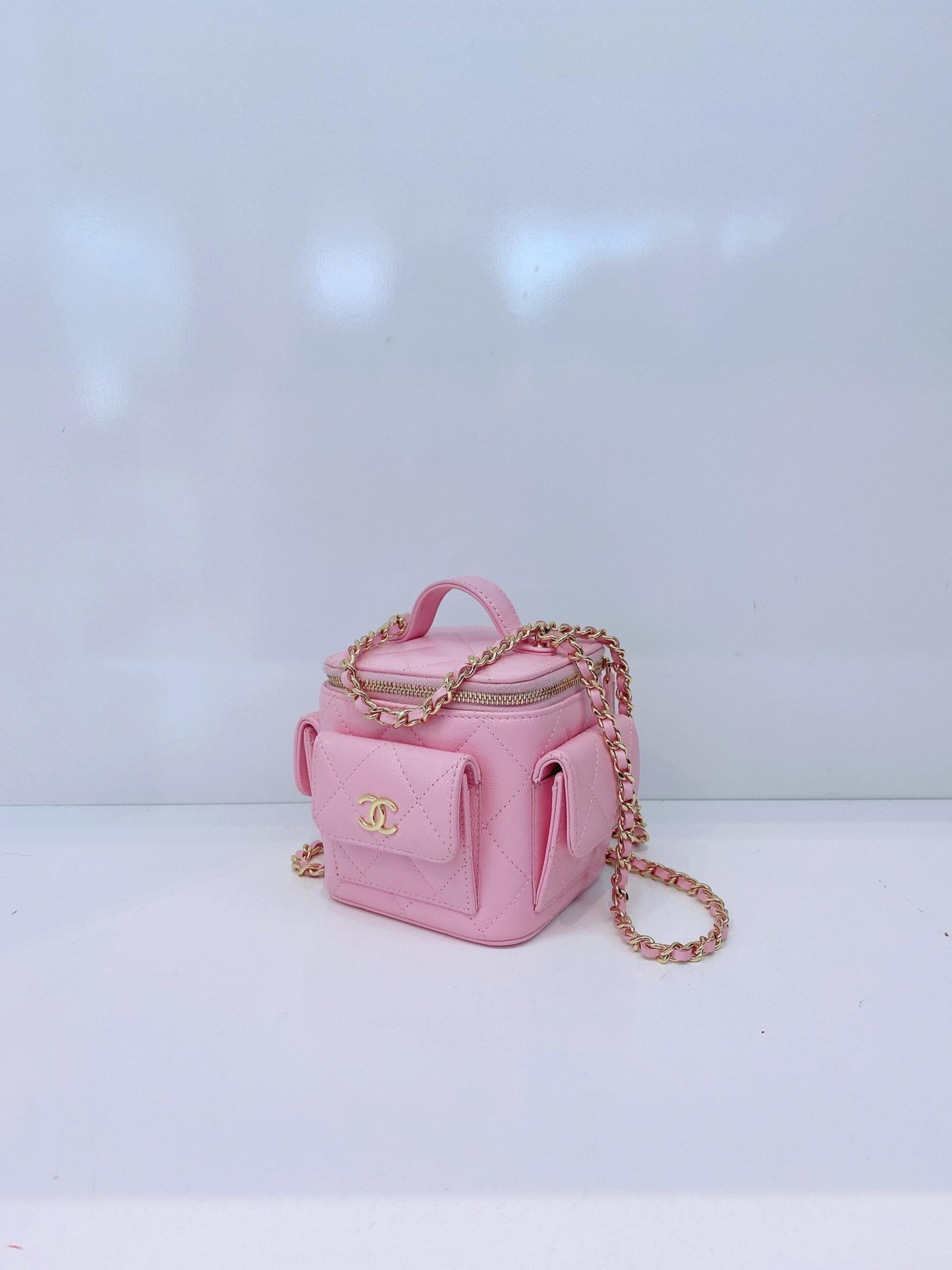 PINK QUILTED CAVIAR LEATHER MINI POLLY POCKET VANITY GOLD HARDWARE