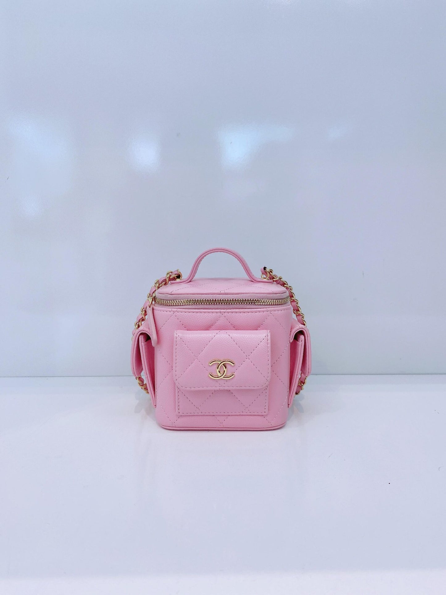 PINK QUILTED CAVIAR LEATHER MINI POLLY POCKET VANITY GOLD HARDWARE