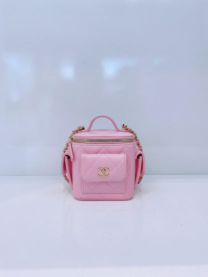 PINK QUILTED CAVIAR LEATHER MINI POLLY POCKET VANITY GOLD HARDWARE