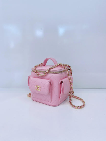 PINK QUILTED CAVIAR LEATHER MINI POLLY POCKET VANITY GOLD HARDWARE