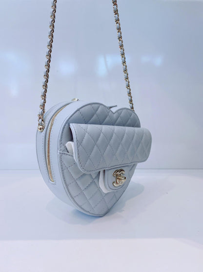 LIGHT PASTEL BLUE QUILTED LAMBSKIN LEATHER LARGE HEART BAG