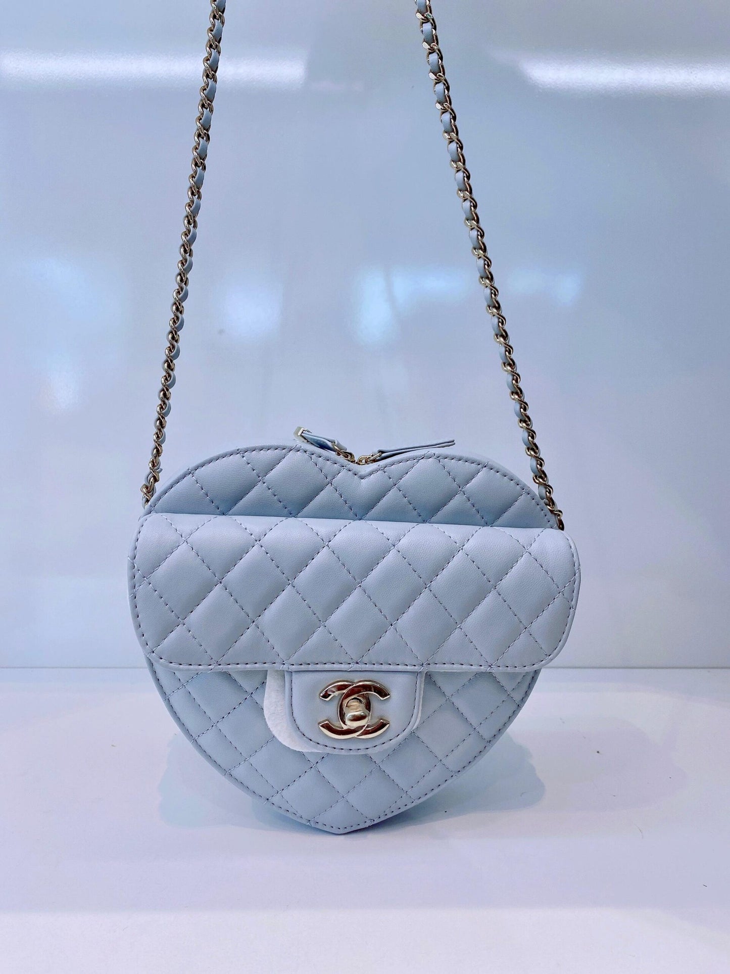 LIGHT PASTEL BLUE QUILTED LAMBSKIN LEATHER LARGE HEART BAG