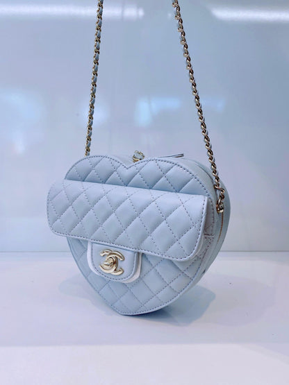 LIGHT PASTEL BLUE QUILTED LAMBSKIN LEATHER LARGE HEART BAG