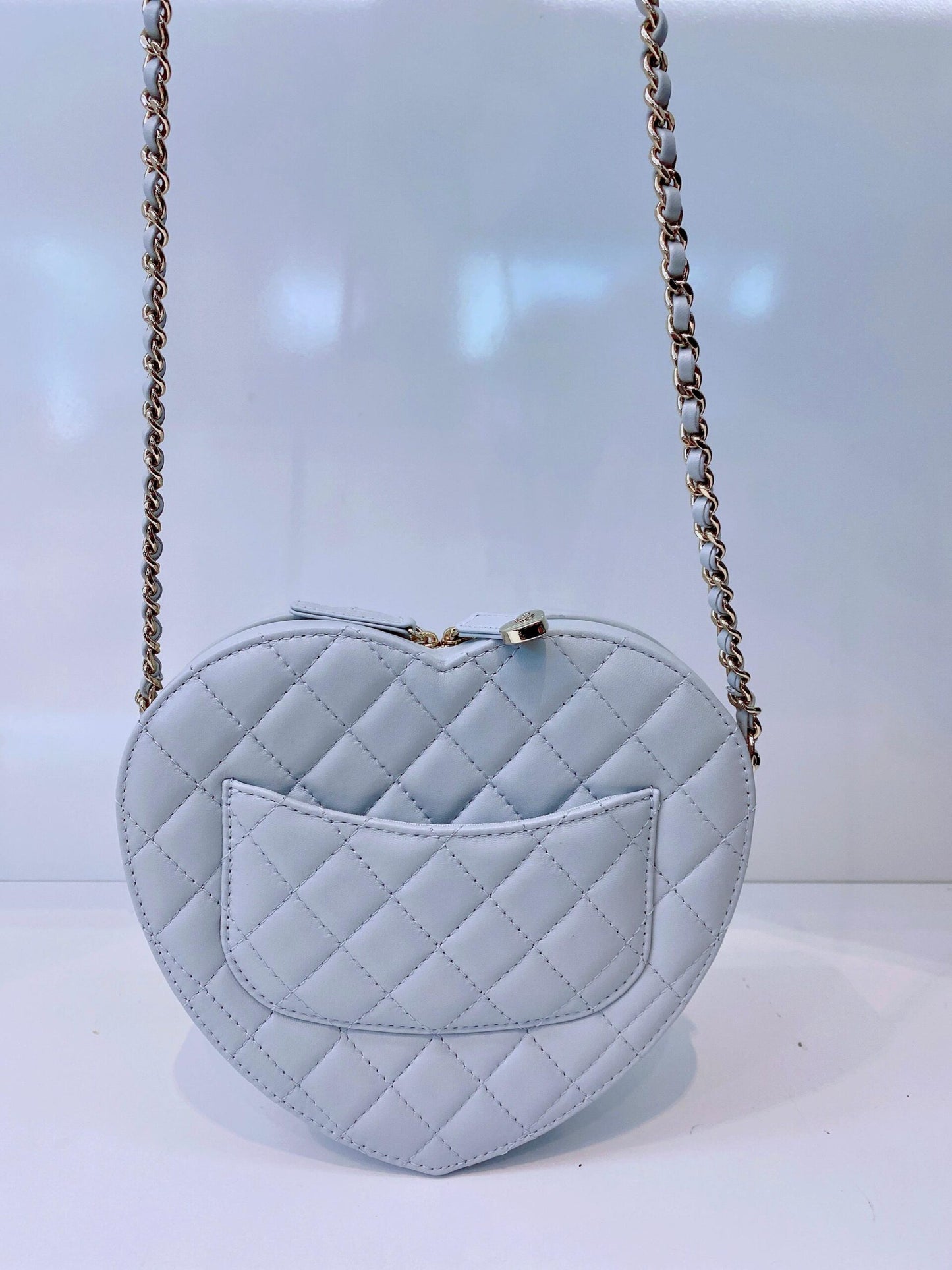 LIGHT PASTEL BLUE QUILTED LAMBSKIN LEATHER LARGE HEART BAG