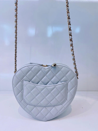 LIGHT PASTEL BLUE QUILTED LAMBSKIN LEATHER LARGE HEART BAG