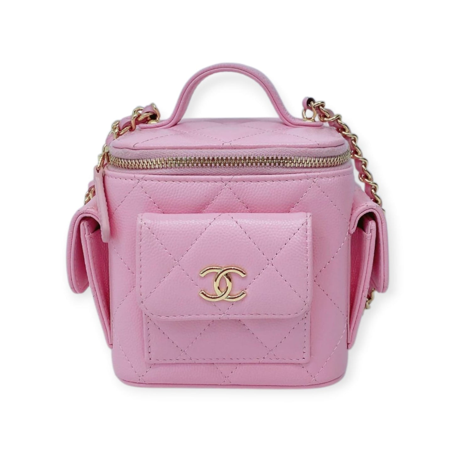 PINK QUILTED CAVIAR LEATHER MINI POLLY POCKET VANITY GOLD HARDWARE