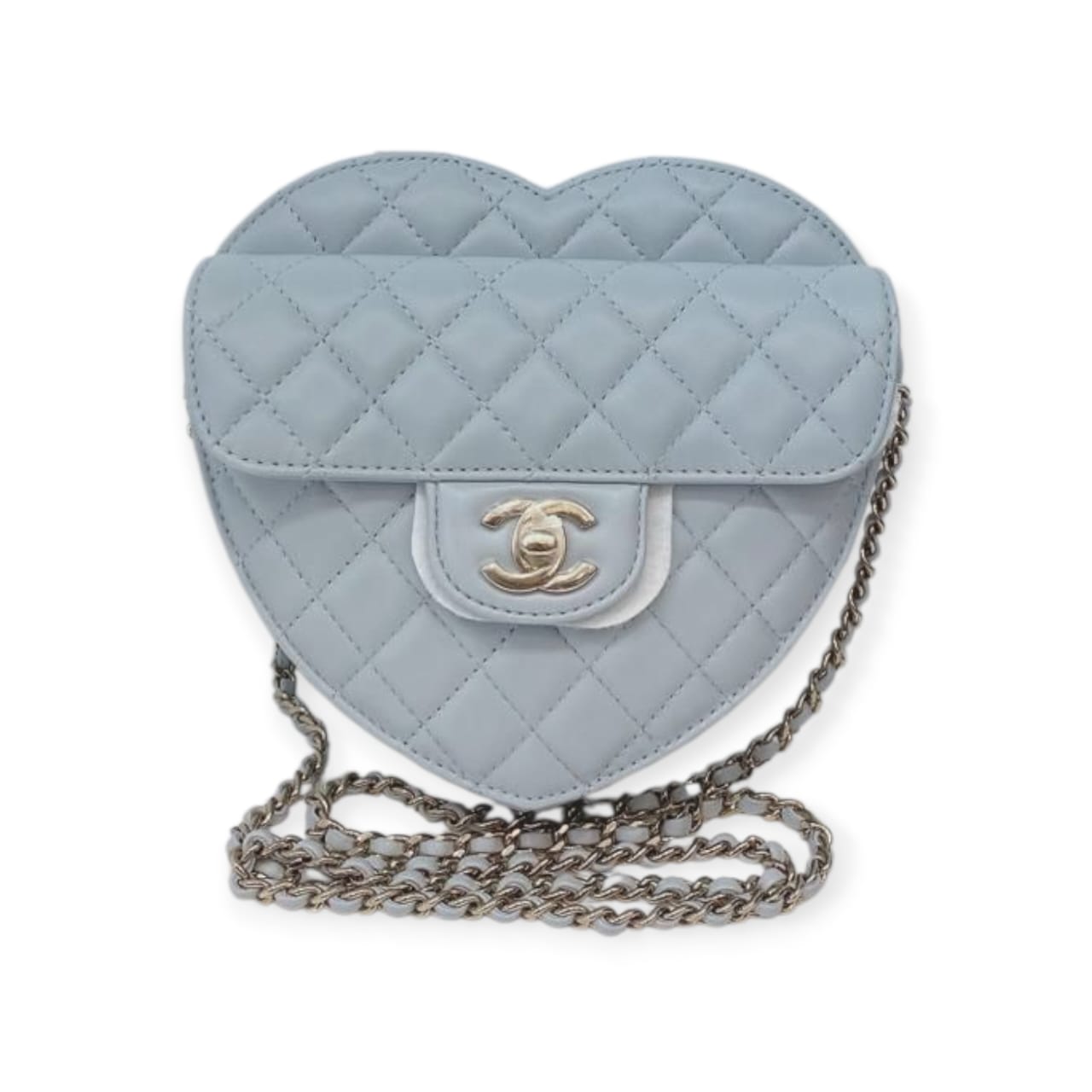 LIGHT PASTEL BLUE QUILTED LAMBSKIN LEATHER LARGE HEART BAG