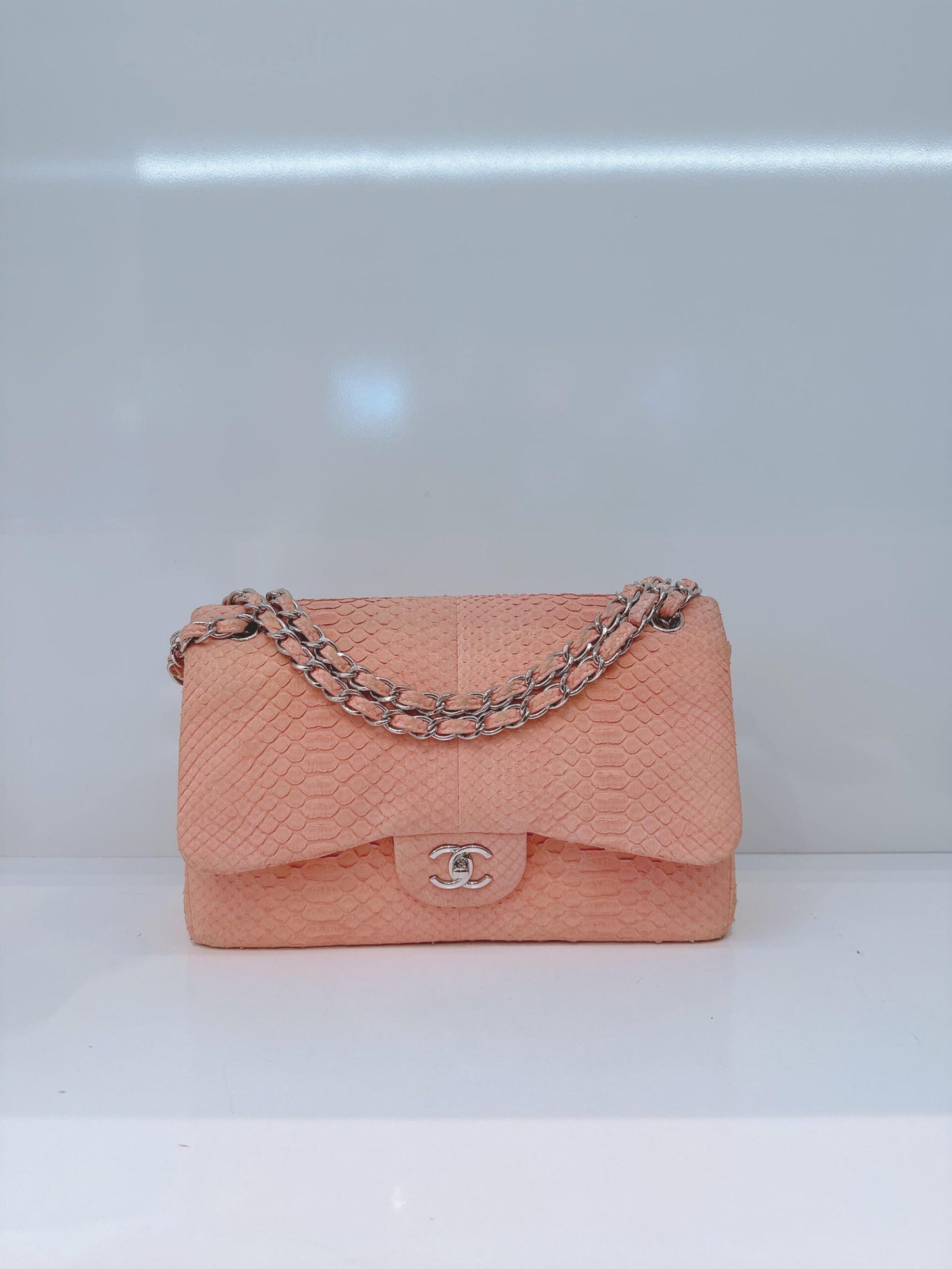 PEACH PYTHON LEATHER JUMBO CLASSIC DOUBLE FLAP BAG