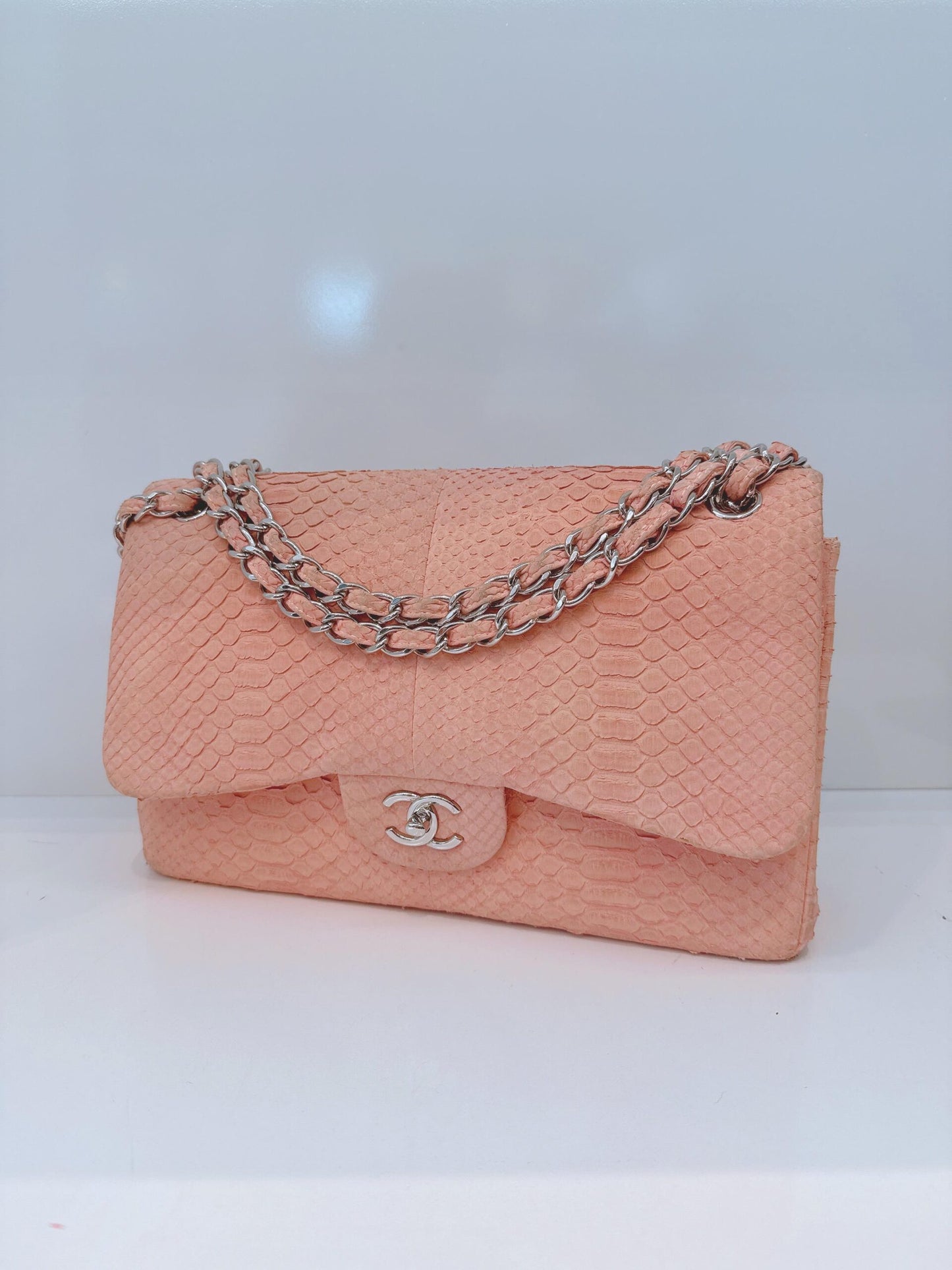 PEACH PYTHON LEATHER JUMBO CLASSIC DOUBLE FLAP BAG