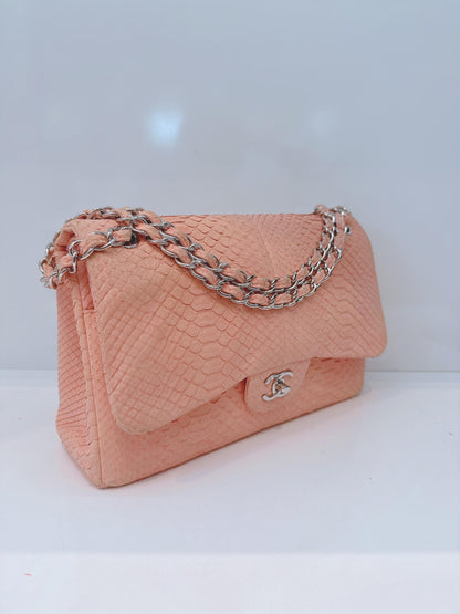 PEACH PYTHON LEATHER JUMBO CLASSIC DOUBLE FLAP BAG