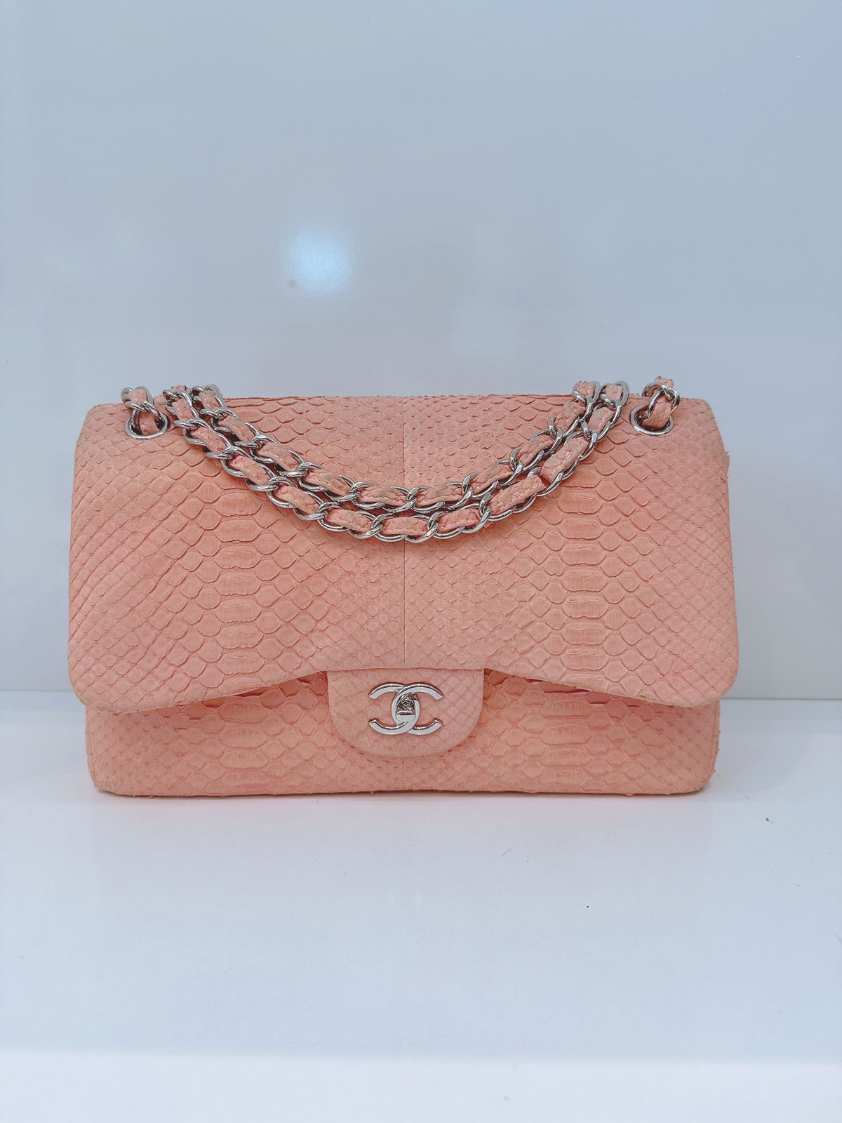 PEACH PYTHON LEATHER JUMBO CLASSIC DOUBLE FLAP BAG