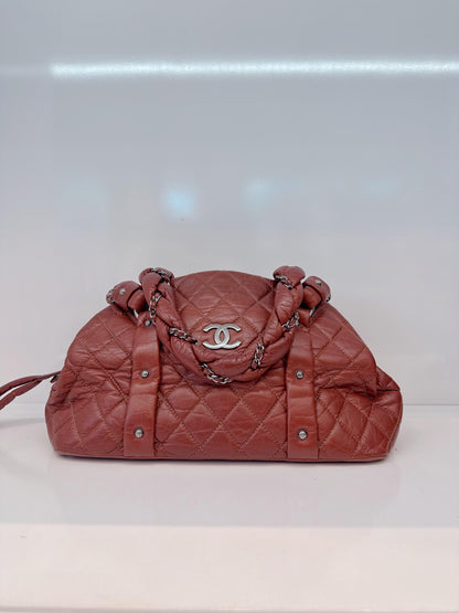 BROWN DISTRESSED LAMBSKIN VINTAGE LIGNE LADY BRAIDE TOTE BAG