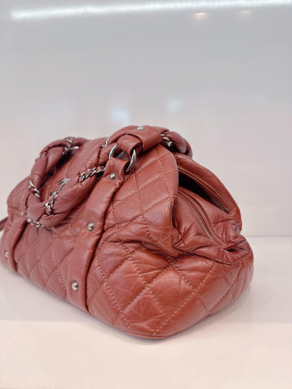 BROWN DISTRESSED LAMBSKIN VINTAGE LIGNE LADY BRAIDE TOTE BAG