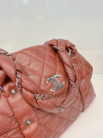 BROWN DISTRESSED LAMBSKIN VINTAGE LIGNE LADY BRAIDE TOTE BAG