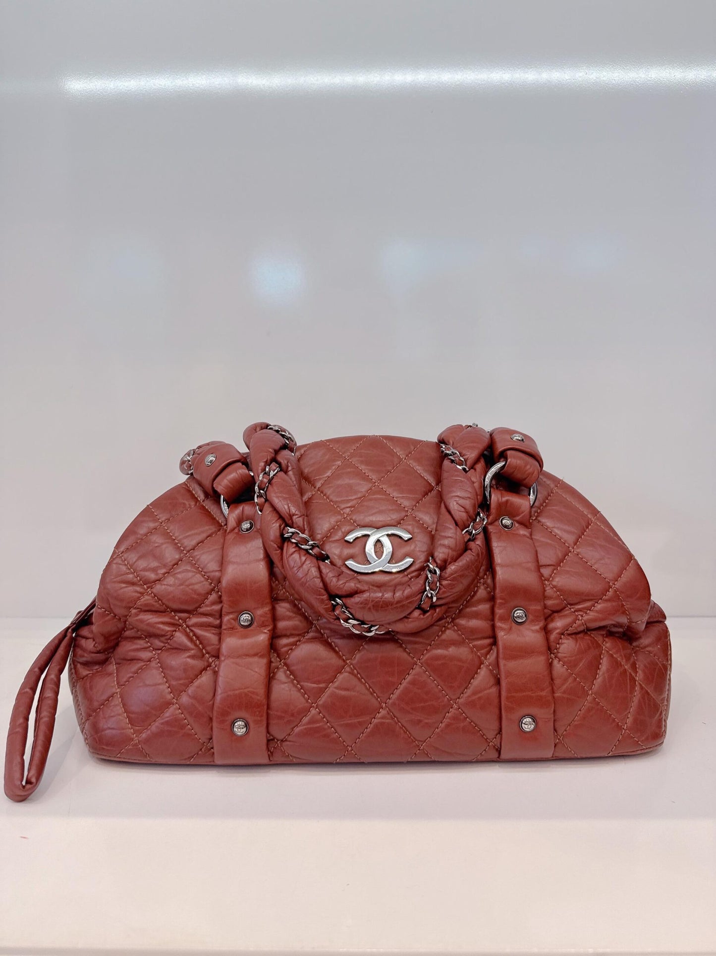 BROWN DISTRESSED LAMBSKIN VINTAGE LIGNE LADY BRAIDE TOTE BAG