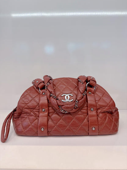 BROWN DISTRESSED LAMBSKIN VINTAGE LIGNE LADY BRAIDE TOTE BAG