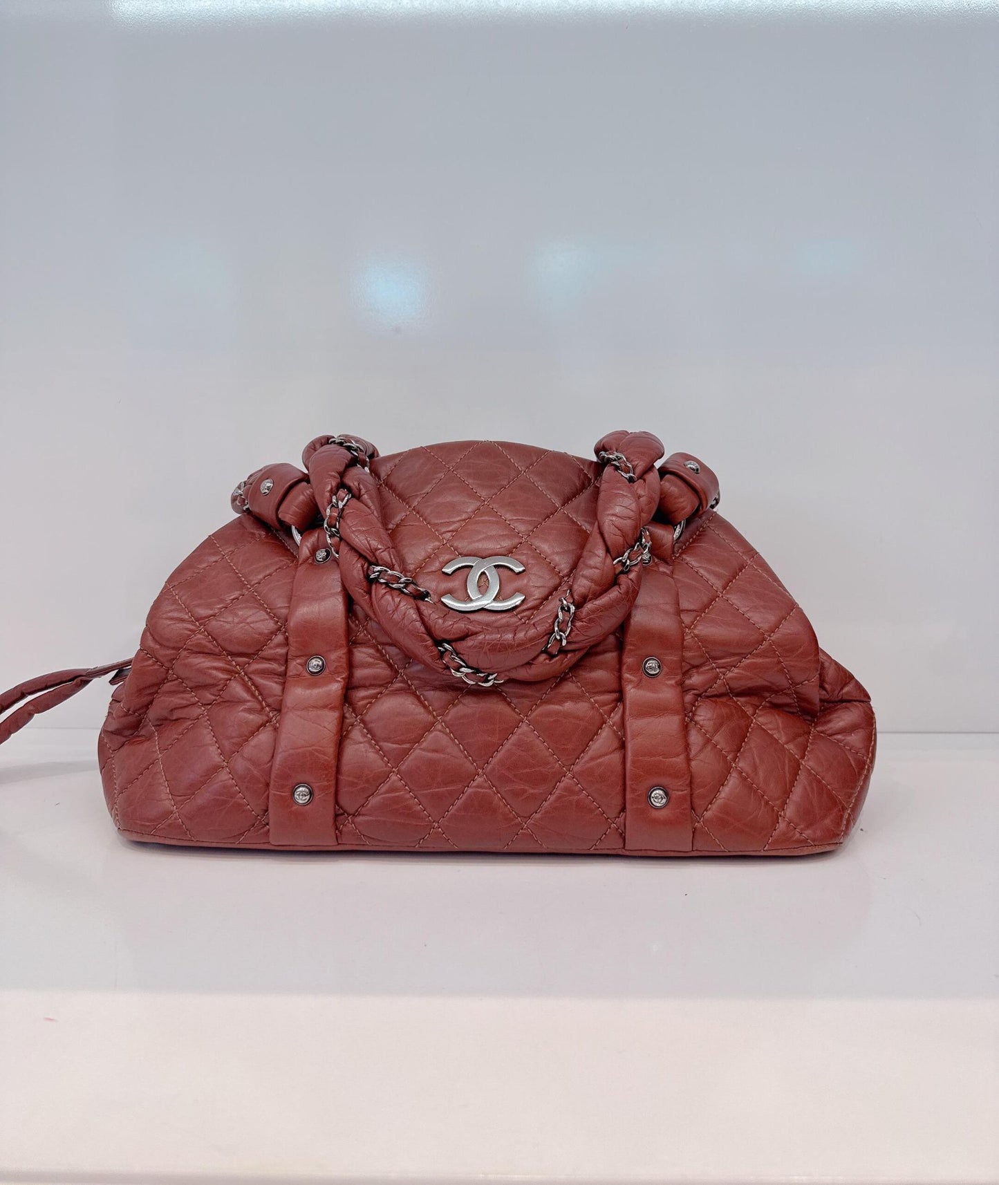 BROWN DISTRESSED LAMBSKIN VINTAGE LIGNE LADY BRAIDE TOTE BAG