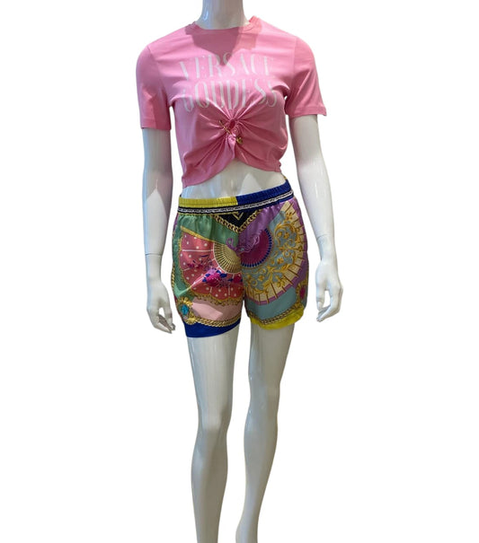 PINK SAFETY PIN COTTON T-SHIRT 38 AND MULTICOLOR VENTAGLI SILK SHORTS 38