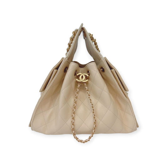 BEIGE GRAINED CALFSKIN LEATHER CHANEL 25 SMALL HANDBAG