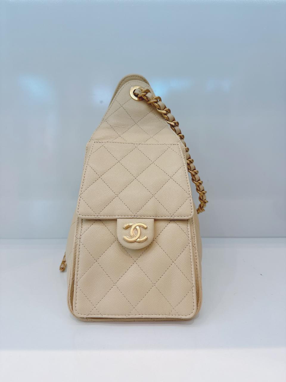 BEIGE GRAINED CALFSKIN LEATHER CHANEL 25 SMALL HANDBAG