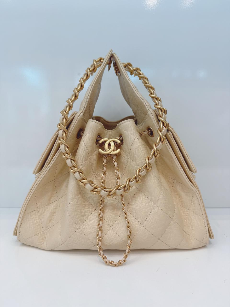 BEIGE GRAINED CALFSKIN LEATHER CHANEL 25 SMALL HANDBAG
