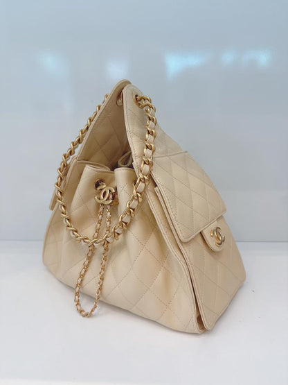 BEIGE GRAINED CALFSKIN LEATHER CHANEL 25 SMALL HANDBAG