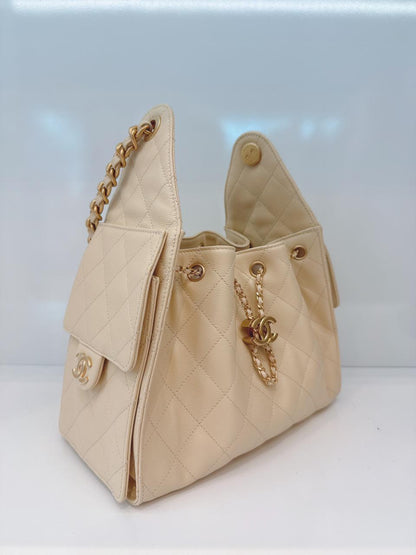 BEIGE GRAINED CALFSKIN LEATHER CHANEL 25 SMALL HANDBAG