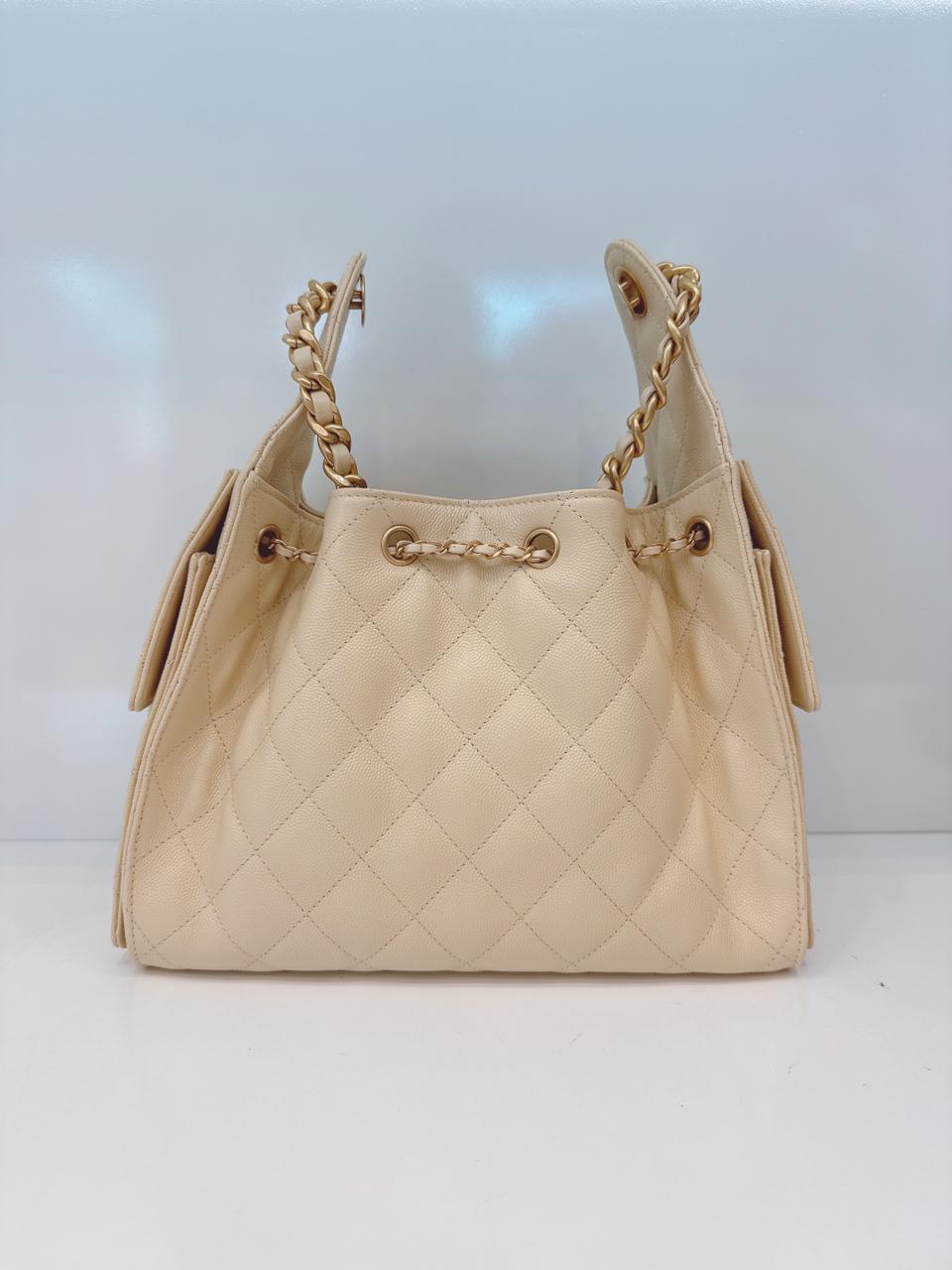 BEIGE GRAINED CALFSKIN LEATHER CHANEL 25 SMALL HANDBAG