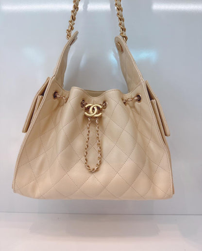 BEIGE GRAINED CALFSKIN LEATHER CHANEL 25 SMALL HANDBAG
