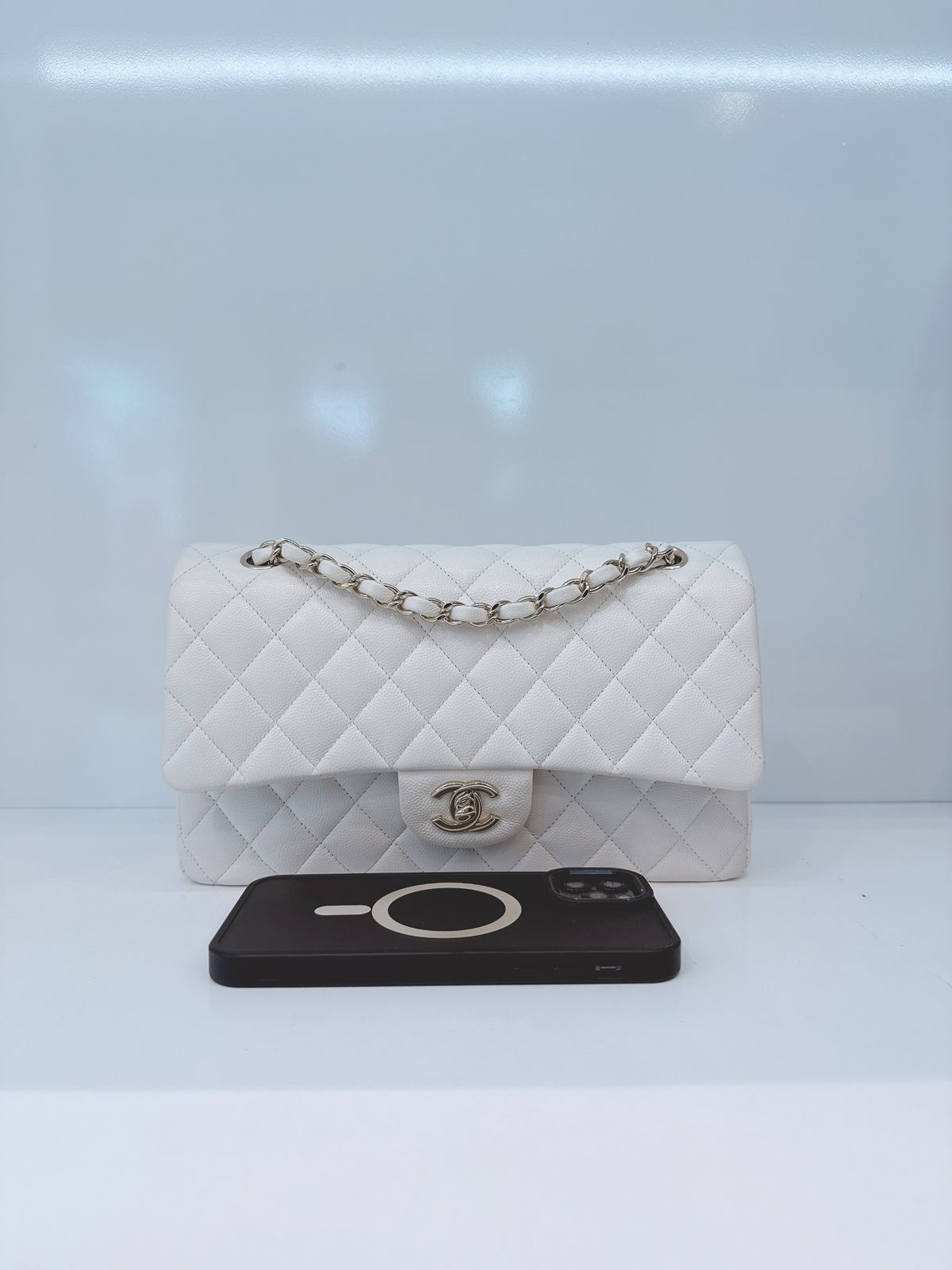 WHITE SHINY CAVIAR LEATHER MEDIUM CLASSIC DOUBLE FLAP BAG