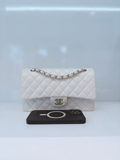 WHITE SHINY CAVIAR LEATHER MEDIUM CLASSIC DOUBLE FLAP BAG