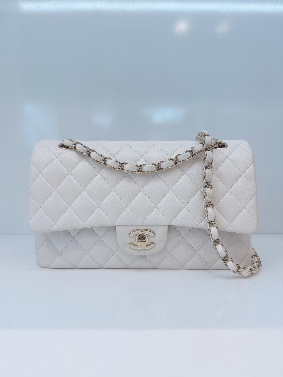WHITE SHINY CAVIAR LEATHER MEDIUM CLASSIC DOUBLE FLAP BAG