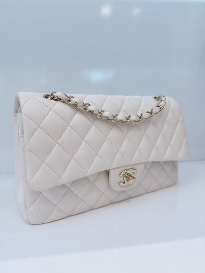 WHITE SHINY CAVIAR LEATHER MEDIUM CLASSIC DOUBLE FLAP BAG
